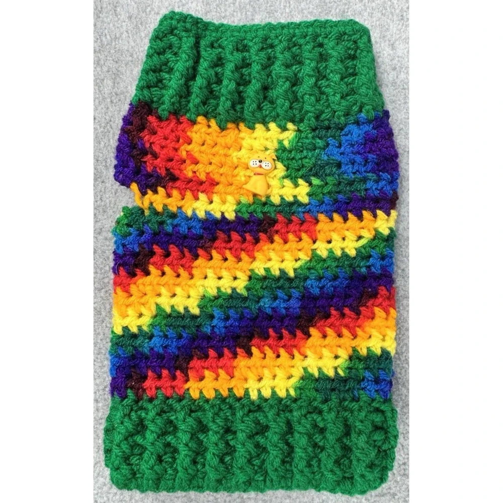 X-Small Dog Sweater‎ Rainbow Variegated Green Crochet Handmade